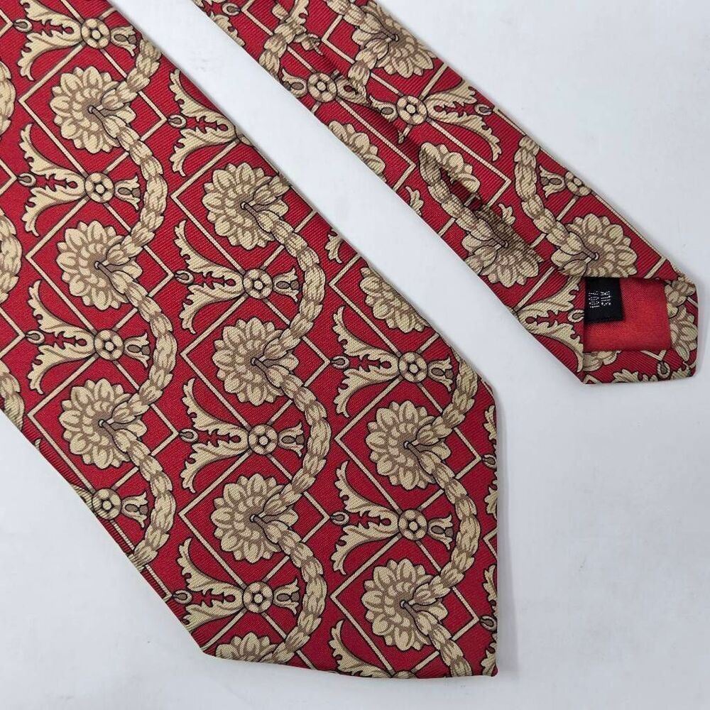 BUCKINGHAM PALACE ENGLAND SILK TIE RED TAN BAROQUE LUXURY FOULARD 3.5" X 57"